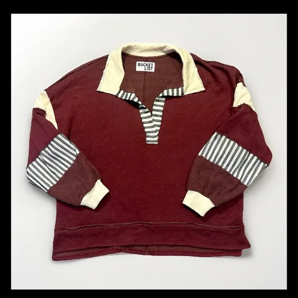 Boutique Women's S Burgundy Cream Sweatshirt Oversized Pullover Terry Cloth - Picture 3 of 9